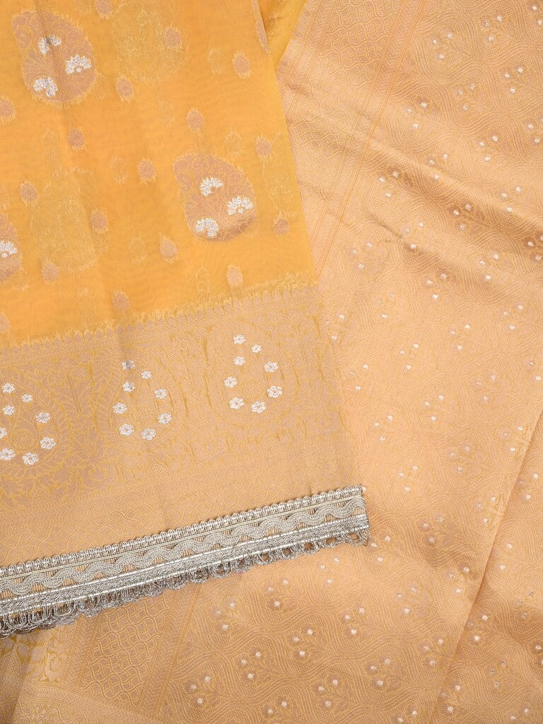 Chanderi kora fancy saree golden yellow color allover zari motifs & zari embroidery border with zari pallu and plain blouse