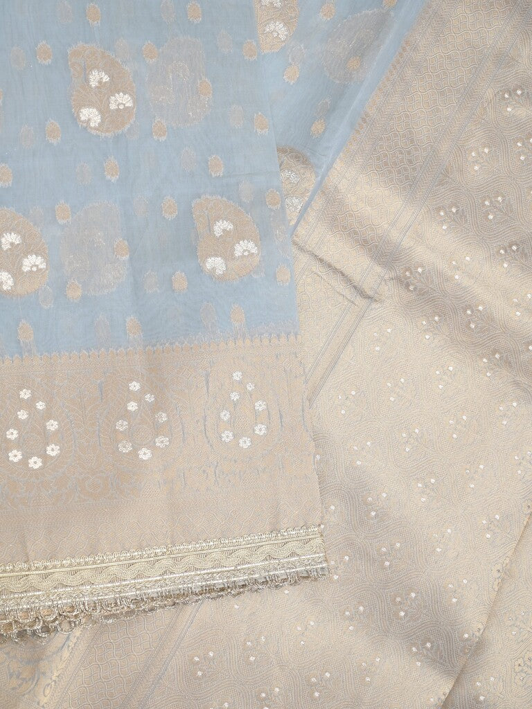 Chanderi kora fancy saree bluish grey color allover zari motifs & zari embroidery border with zari pallu and plain blouse