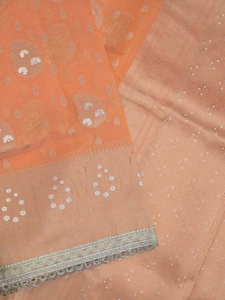 Chanderi kora fancy saree light orange color allover zari motifs & zari embroidery border with zari pallu and plain blouse