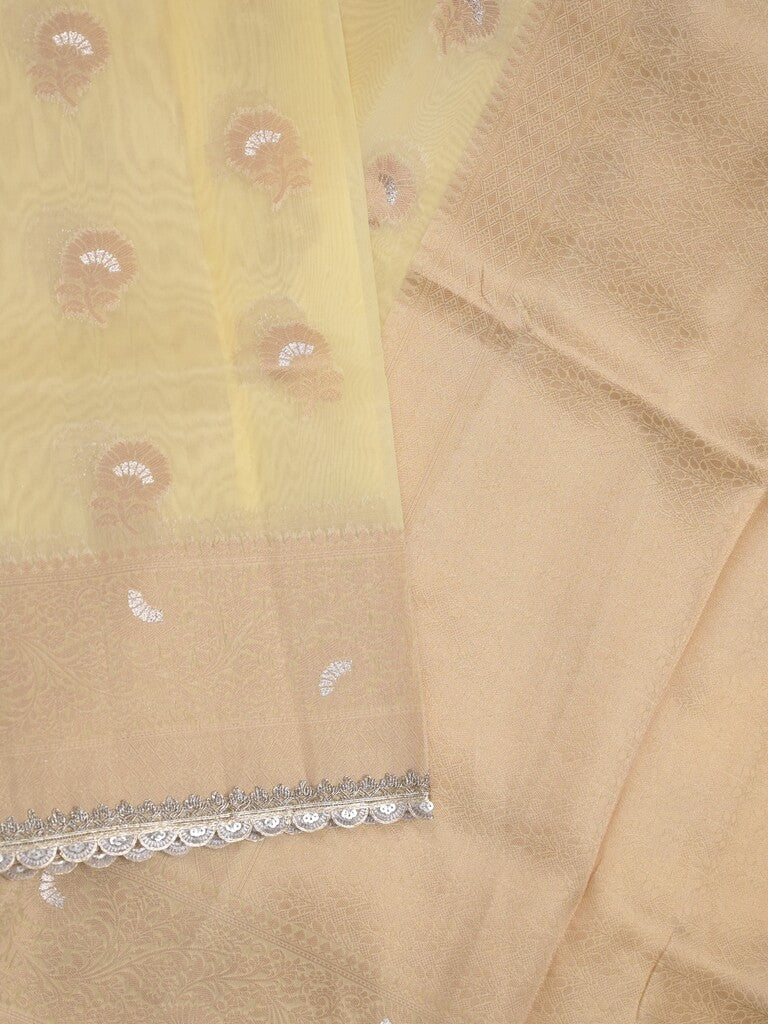 Chanderi kora fancy saree pastel yellow color allover zari motifs & zari embroidery border with zari pallu and plain blouse
