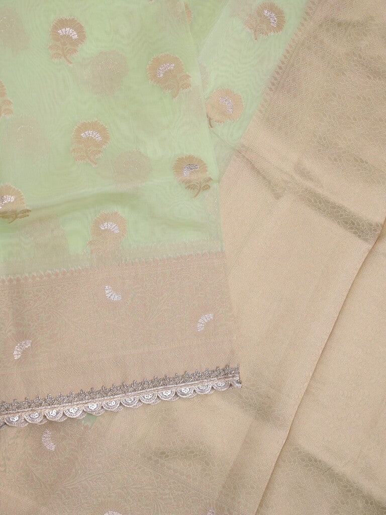 Chanderi kora fancy saree light pista green color allover zari motifs & zari embroidery border with zari pallu and plain blouse