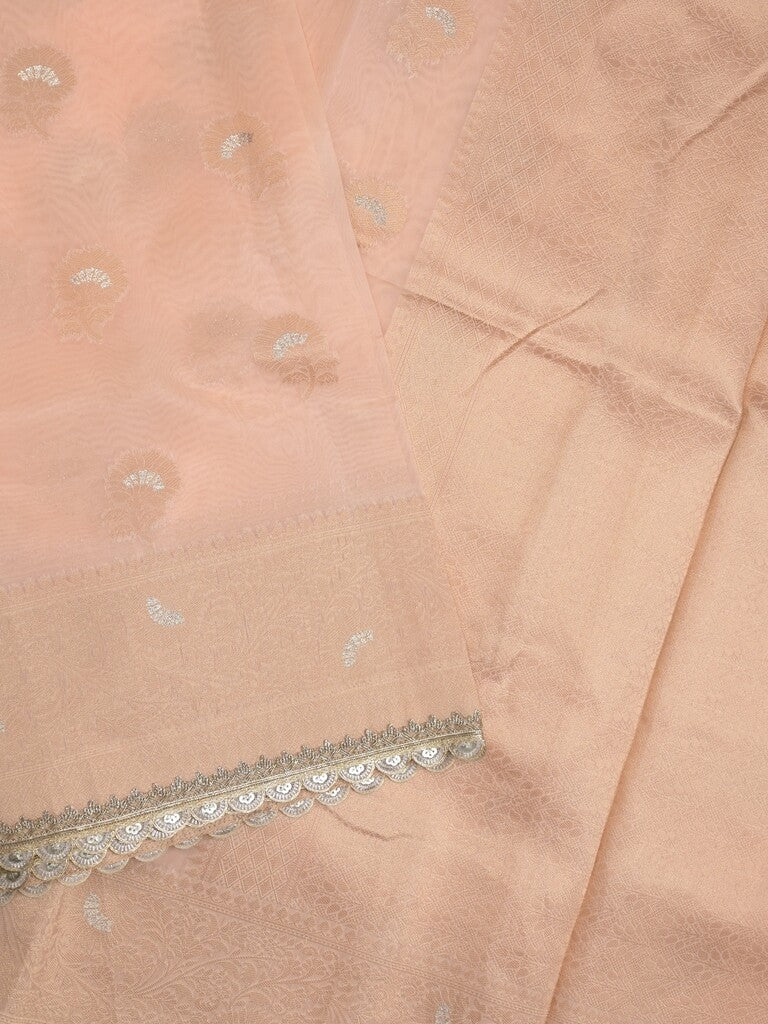 Chanderi kora fancy saree light peach color allover zari motifs & zari embroidery border with zari pallu and plain blouse