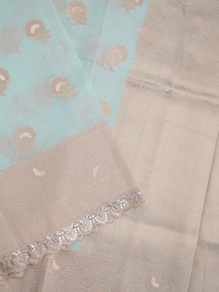 Chanderi kora fancy saree pastel blue color allover zari motifs & zari embroidery border with zari pallu and plain blouse