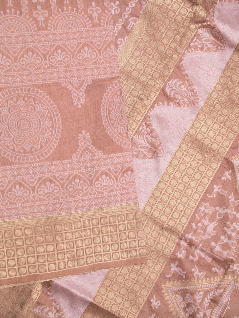 Dupion fancy saree peach color allover prints & zari border with rich pallu and attached plain blouse