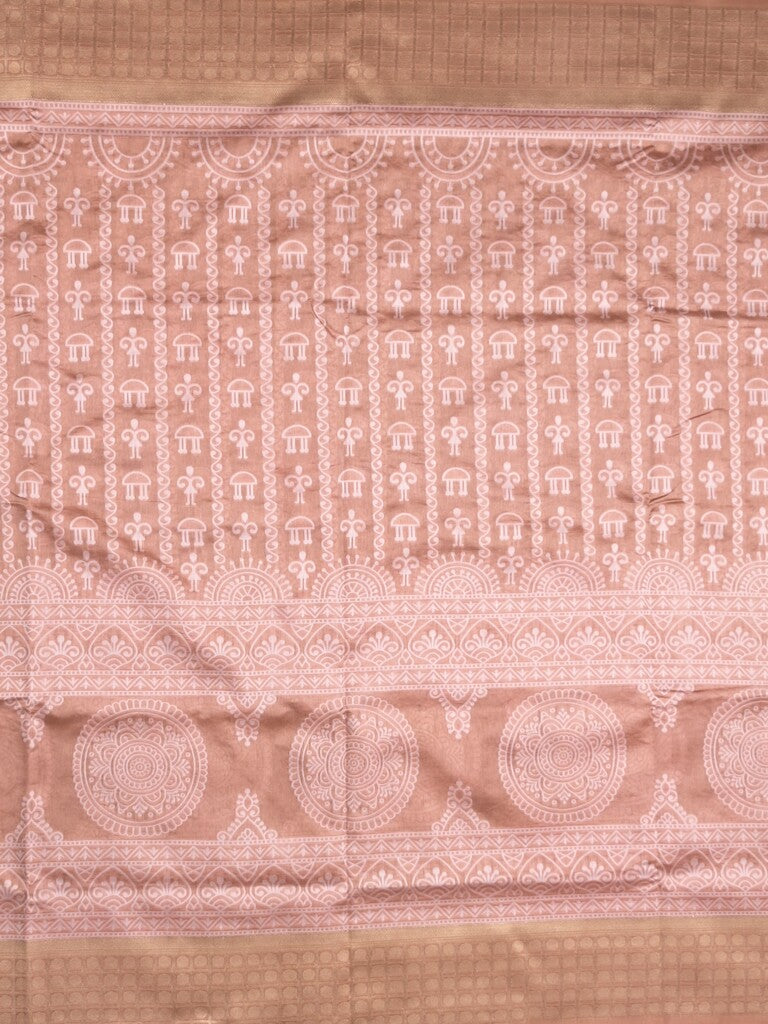 Dupion fancy saree peach color allover prints & zari border with rich pallu and attached plain blouse