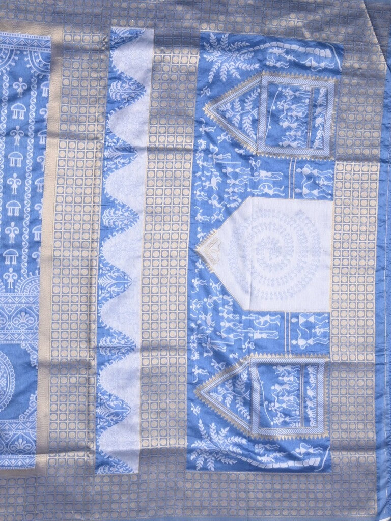 Dupion fancy saree sky blue color allover prints & zari border with rich pallu and attached plain blouse
