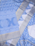 Dupion fancy saree sky blue color allover prints & zari border with rich pallu and attached plain blouse