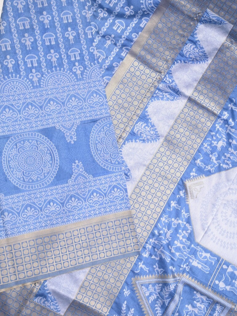 Dupion fancy saree sky blue color allover prints & zari border with rich pallu and attached plain blouse