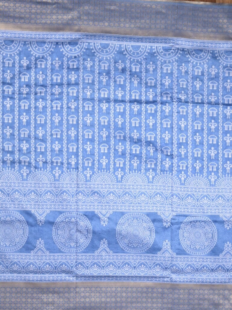 Dupion fancy saree sky blue color allover prints & zari border with rich pallu and attached plain blouse