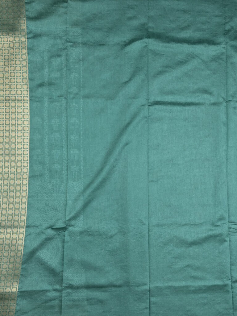 Dupion fancy saree peacock blue color allover prints & zari border with rich pallu and attached plain blouse