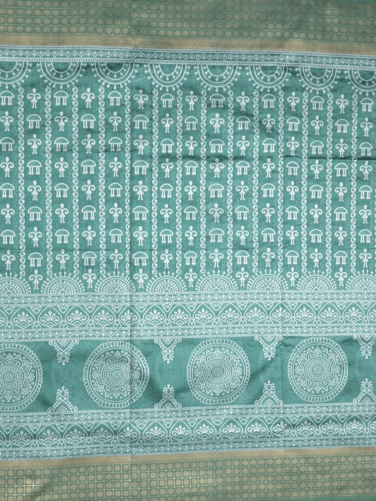 Dupion fancy saree peacock blue color allover prints & zari border with rich pallu and attached plain blouse