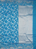 Raw mango fancy saree sky blue color allover zari weaves & zari border with zari border and attached plain blouse