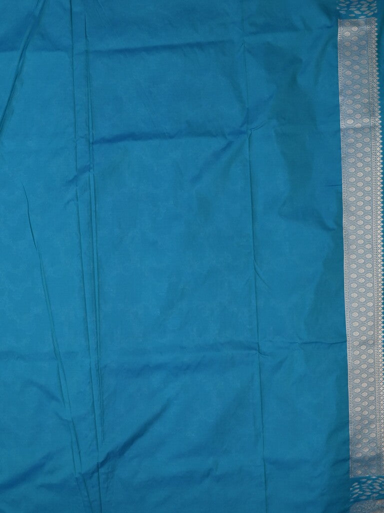 Raw mango fancy saree sky blue color allover zari weaves & zari border with zari border and attached plain blouse
