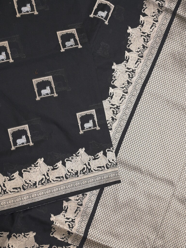 Raw mango fancy saree black color allover zari weaves & zari border with zari border and attached blouse
