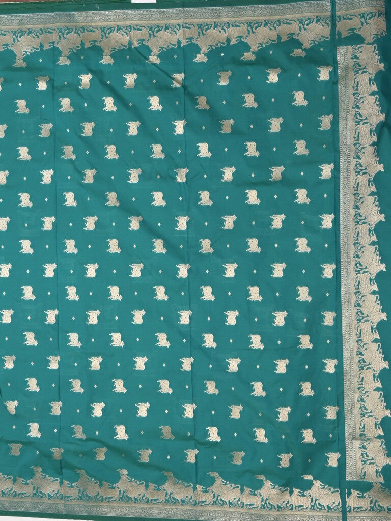 Raw mango fancy saree peacock blue color allover zari weaves & zari border with zari border and attached blouse