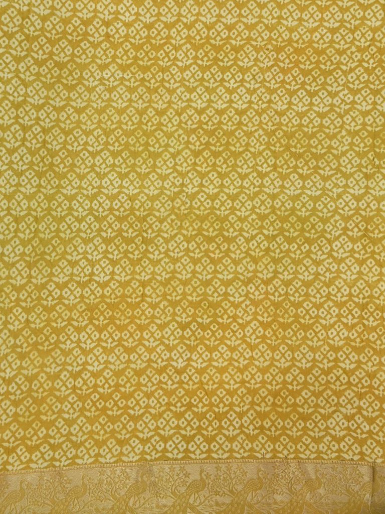 Maheswari fancy saree golden yellow color allover digital prints & zari border with striped pallu and printed blouse