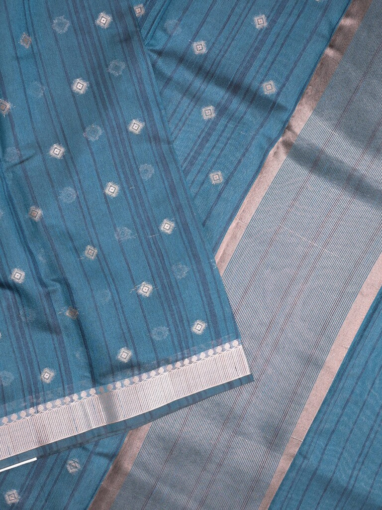 Chanderi fancy saree peacock blue color allover zari motifs & small zari border with zari pallu and plain blouse