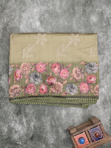 Tussar fancy saree light olive green color allover prints & printed border with printed pallu and contrast printed blouse