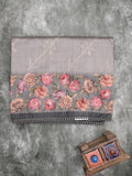 Tussar fancy saree grey color allover prints & printed border with printed pallu and contrast printed blouse