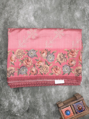 Tussar fancy saree light pink color allover prints & printed border with printed pallu and contrast printed blouse