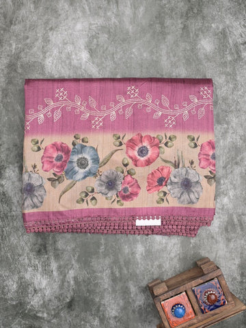 Tussar fancy saree purple color allover prints & printed border with printed pallu and contrast printed blouse