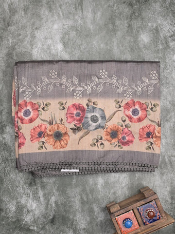 Tussar fancy saree grey color allover prints & printed border with printed pallu and contrast printed blouse