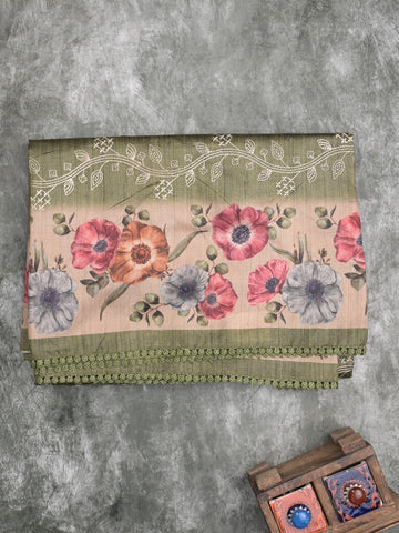 Tussar fancy saree olive green color allover prints & printed border with printed pallu and contrast printed blouse