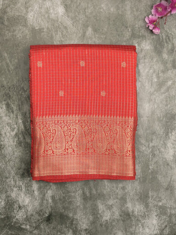 Dupion fancy saree red color allover zari motifs & zari border with zari pallu and contrast blouse