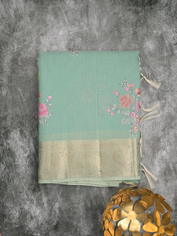 Kota fancy saree lux green color allover embroidery & zari border with short pallu and attached plain blouse