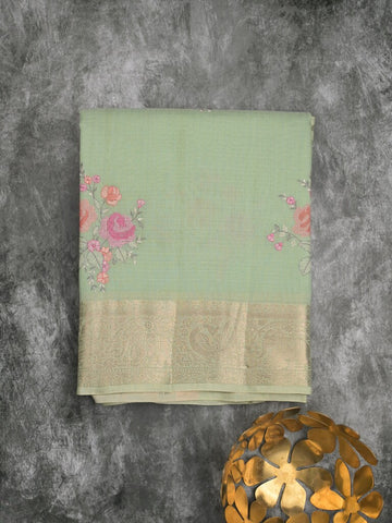Kota fancy saree pista green color allover embroidery & zari border with short pallu and attached plain blouse