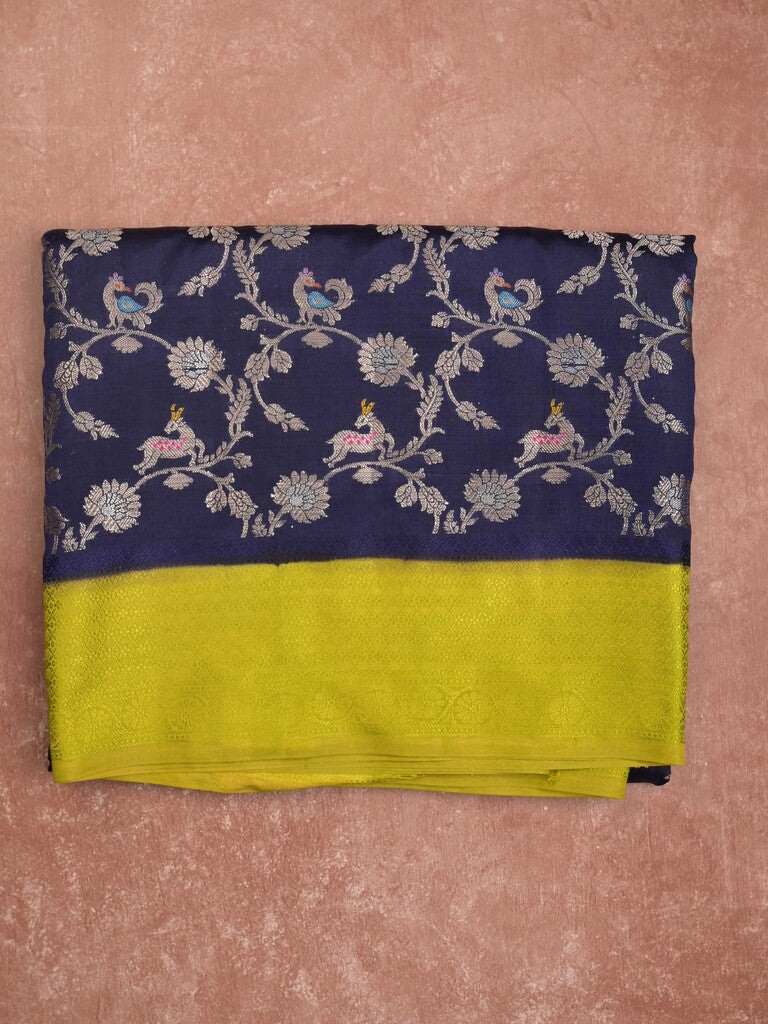 Raw mango fancy saree navy blue color allover zari weaves & kaddi border with brocade pallu and contrast plain blouse