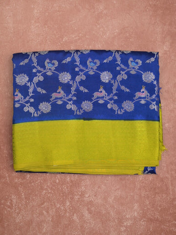 Raw mango fancy saree royal blue color allover zari weaves & kaddi border with brocade pallu and contrast plain blouse