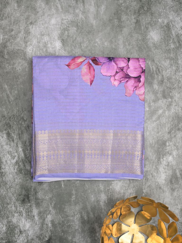 Maheshwari fancy saree lavender color allover prints & zari border with short zari pallu and plain blouse