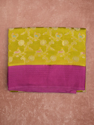 Raw mango fancy saree mustard green color allover zari weaves & kaddi border with brocade pallu and contrast plain blouse