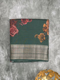 Maheshwari fancy saree dark green color allover prints & zari border with short zari pallu and plain blouse