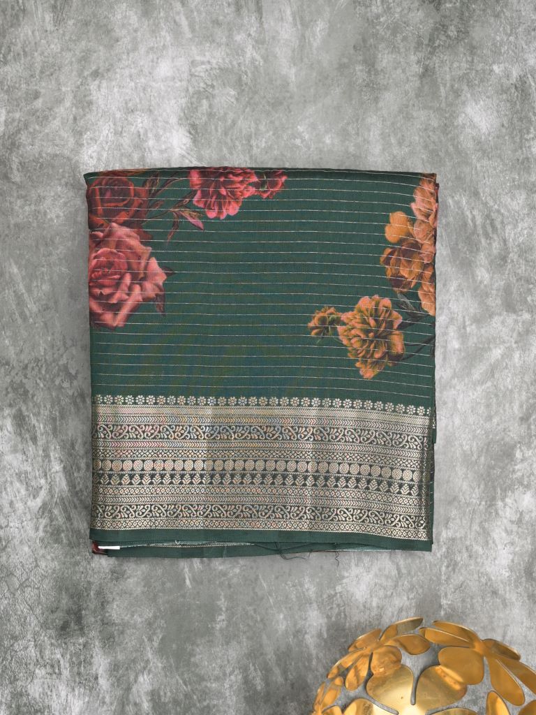 Maheshwari fancy saree dark green color allover prints & zari border with short zari pallu and plain blouse