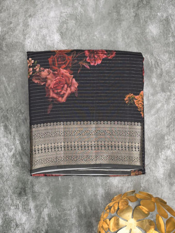 Maheshwari fancy saree black color allover prints & zari border with short zari pallu and plain blouse