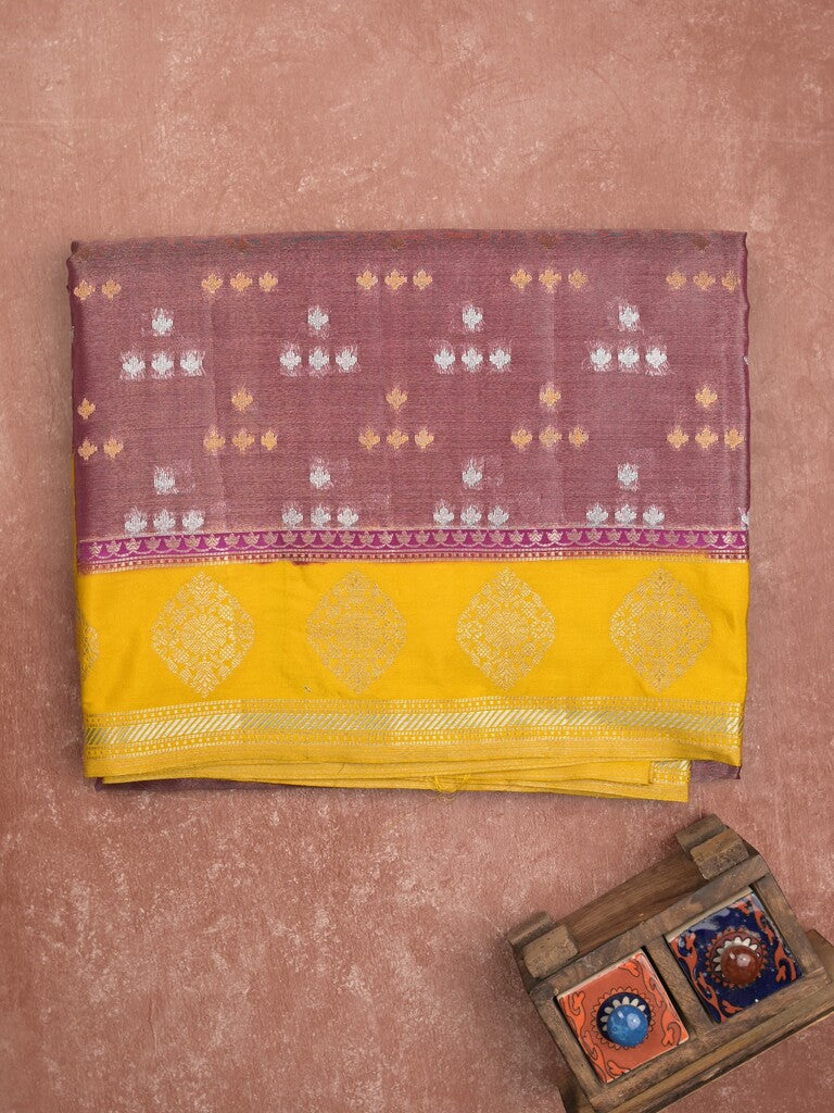 Dupion tissue fancy saree onion pink color allover zari motifs & zari border with brocade pallu and brocade blouse