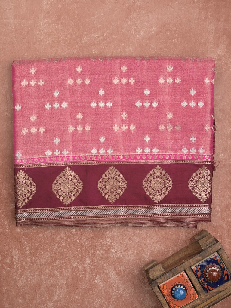 Dupion tissue fancy saree pink color allover zari motifs & zari border with brocade pallu and brocade blouse