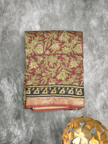 Maheshwari fancy saree maroon color allover prints & small zari border with printed pallu and printed blouse