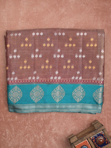 Dupion tissue fancy saree brown color allover zari motifs & zari border with brocade pallu and brocade blouse