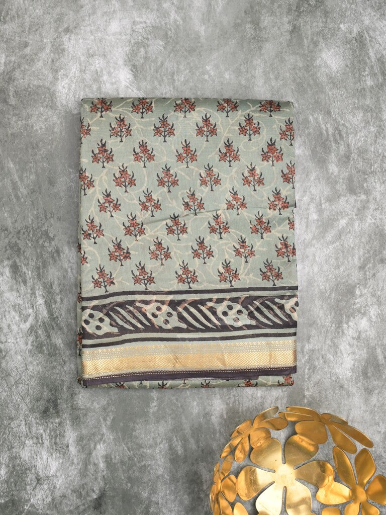 Maheshwari fancy saree grey color allover prints & small zari border with printed pallu and printed blouse