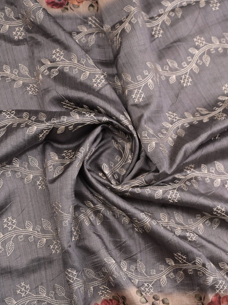 Tussar fancy saree grey color allover prints & printed border with printed pallu and contrast printed blouse
