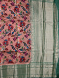 Jute matka fancy saree peach color allover prints & big zari border with short pallu and attached brocade blouse