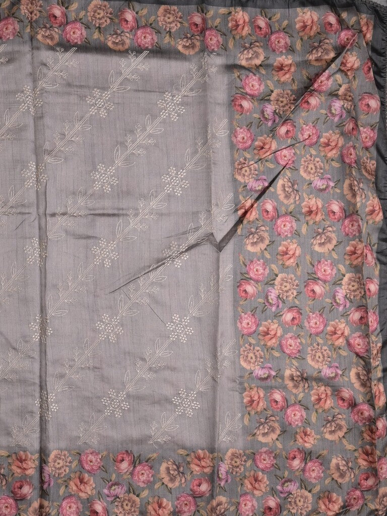 Tussar fancy saree grey color allover prints & printed border with printed pallu and contrast printed blouse