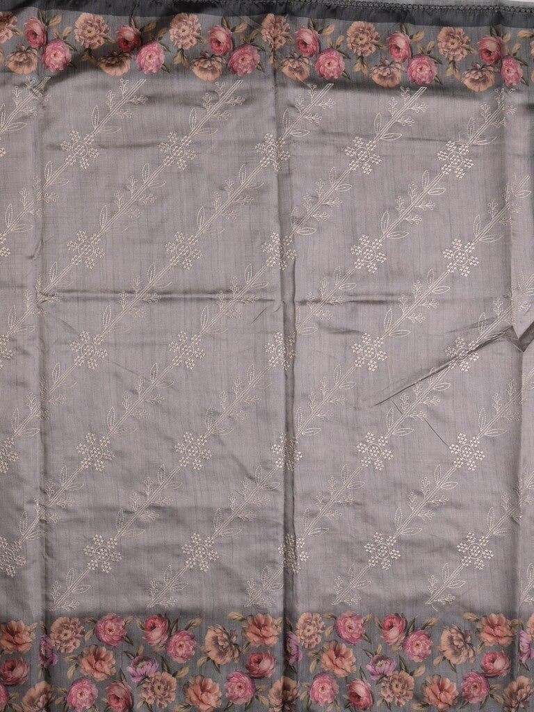 Tussar fancy saree grey color allover prints & printed border with printed pallu and contrast printed blouse