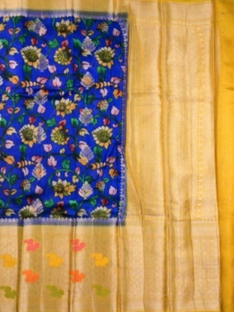 Jute matka fancy saree royal blue color allover prints & big zari border with short pallu and attached brocade blouse