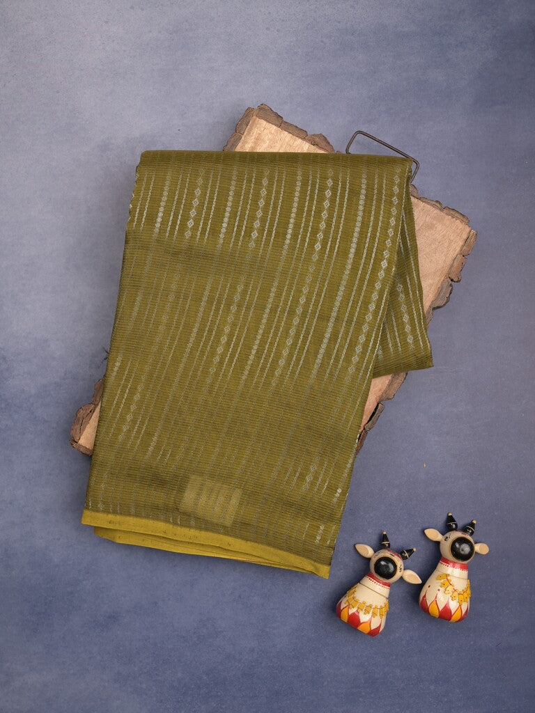 Mangalagiri fancy saree olive green color allover zari stripes with contrast pallu and contrast plain blouse