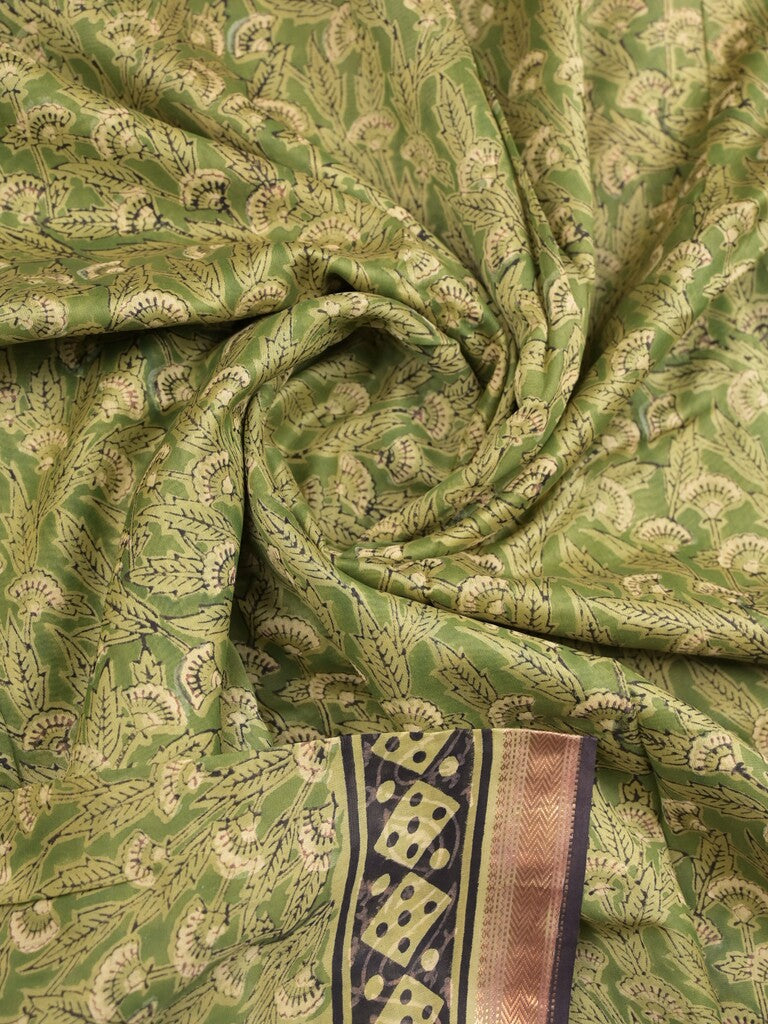 Maheshwari fancy saree olive green color allover prints & small zari border with printed pallu and printed blouse
