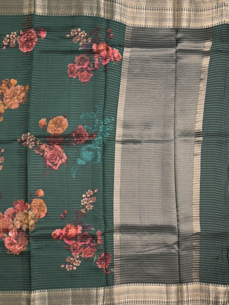 Maheshwari fancy saree dark green color allover prints & zari border with short zari pallu and plain blouse